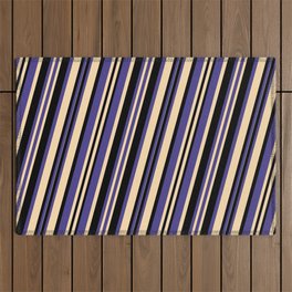 [ Thumbnail: Dark Slate Blue, Tan & Black Colored Pattern of Stripes Outdoor Rug ]