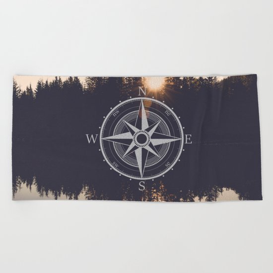 Wooded Lake Reflection Compass Beach Towel