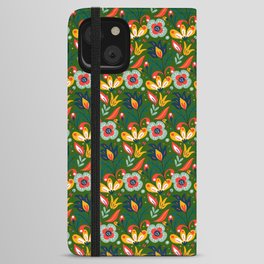 Colorful Floral Pattern On Green Background iPhone Wallet Case