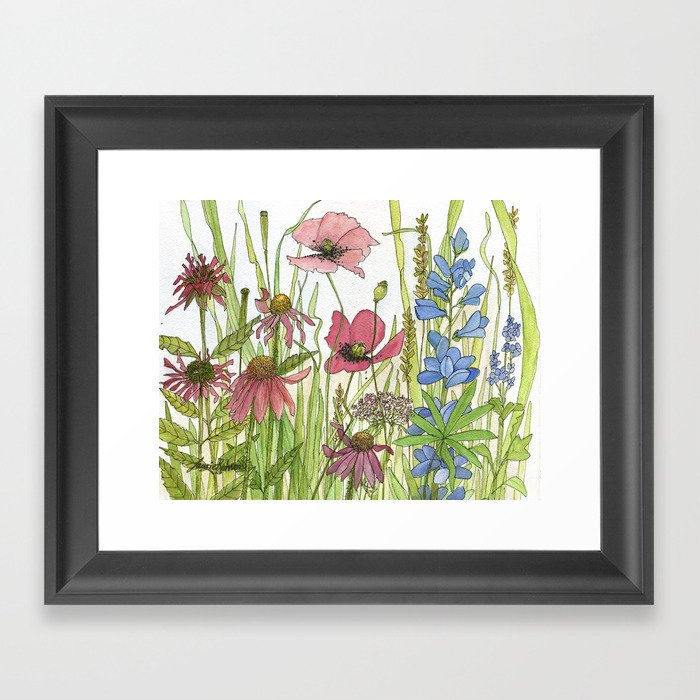 Red Poppy Wildflowers Watercolor Ink  Framed Art Print