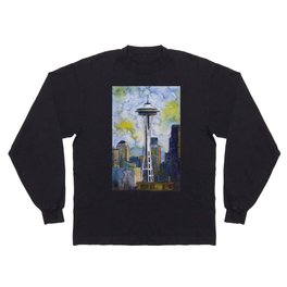 Seattle Washington Fine Art Watercolor Painting "Seattle Space Needle" Long Sleeve T Shirt