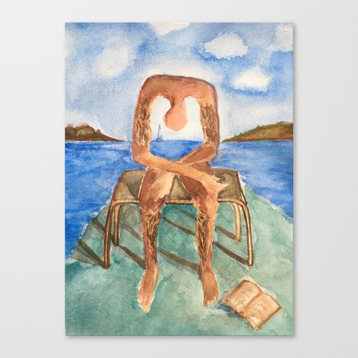 spin-off art: melancholie sculpture with a dropped open book and sea view Canvas Print