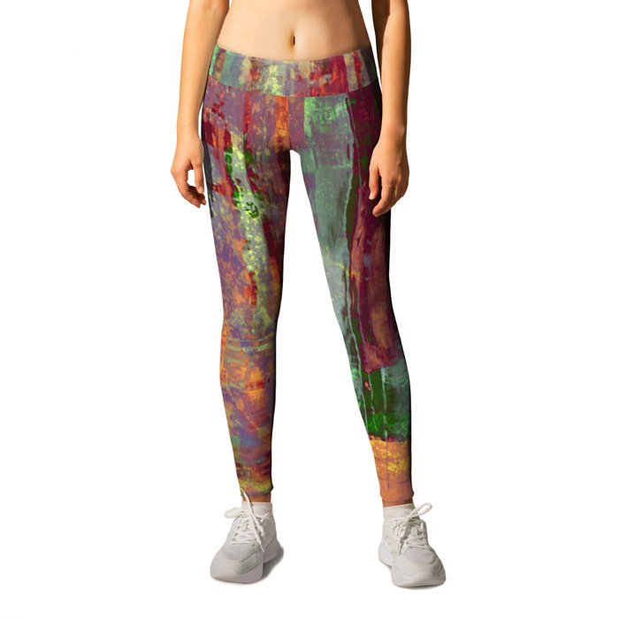 Overexposed - Abstract, textured painting in brown, orange and green Leggings