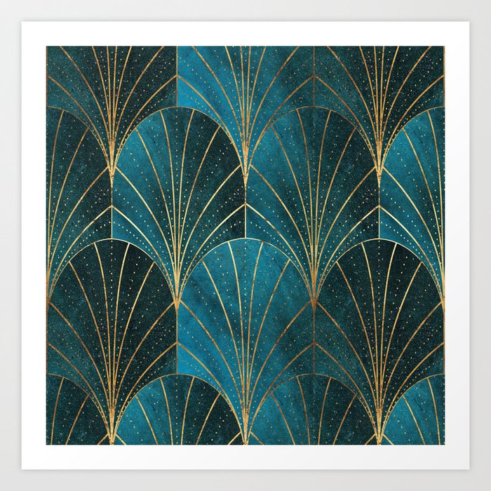 Art Deco Waterfalls // Ombre Teal Art Print