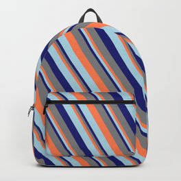 [ Thumbnail: Coral, Light Blue, Midnight Blue & Gray Colored Lines Pattern Backpack ]
