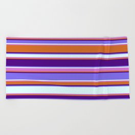 [ Thumbnail: Colorful Chocolate, Indigo, Medium Slate Blue, Light Cyan, and Orchid Colored Stripes Pattern Beach Towel ]