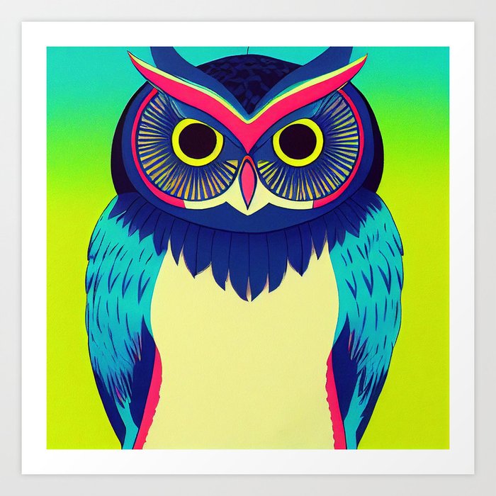 Colorful Owl Portrait Illustration - Bright Vibrant Colors Bohemian Style Feathers Psychedelic Bird Animal Rainbow Colored Art Art Print