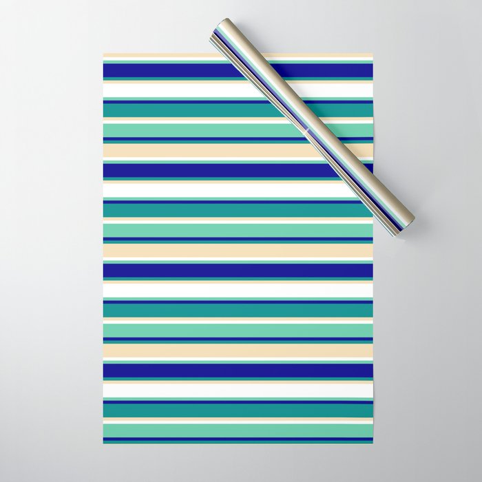 Colorful Aquamarine, Dark Blue, Dark Cyan, Tan & White Colored Stripes/Lines Pattern Wrapping Paper