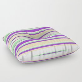 [ Thumbnail: Dark Orchid, Tan, Mint Cream, and Green Colored Stripes Pattern Floor Pillow ]