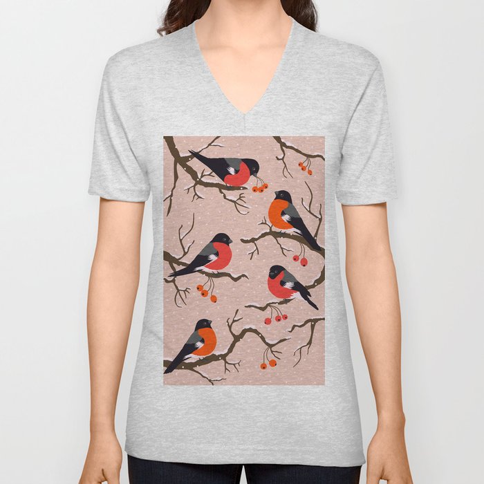 Winter birds red Bullfinches on snowy berry branches pastel peach V Neck T Shirt