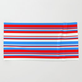 [ Thumbnail: Blue, Red & Mint Cream Colored Stripes Pattern Beach Towel ]