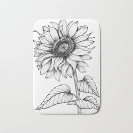 Giant Sunflower in Black Ink on White Background Bath Mat