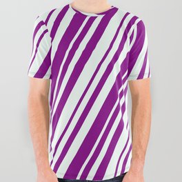 [ Thumbnail: Mint Cream & Purple Colored Stripes Pattern All Over Graphic Tee ]