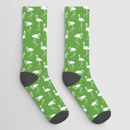 White flamingo silhouettes seamless pattern on green background Socks