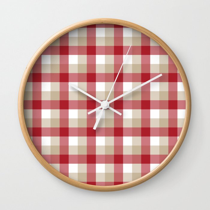 Gingham Plaid Pattern (red/tan/white) Wall Clock
