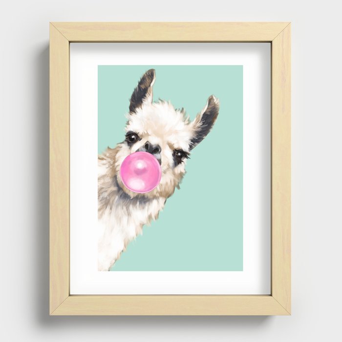 Bubble Gum Sneaky Llama in Green Recessed Framed Print