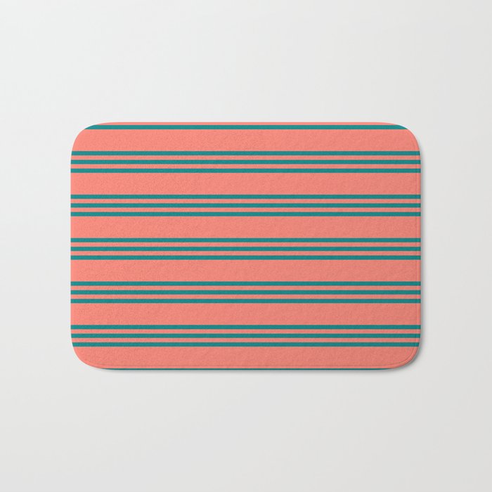 Salmon and Teal Colored Striped/Lined Pattern Bath Mat