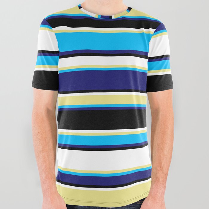 Tan, Deep Sky Blue, Midnight Blue, Black & White Colored Lines Pattern All Over Graphic Tee