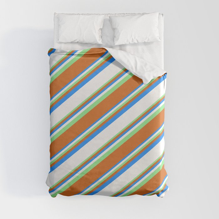 Blue, White, Light Green, and Chocolate Colored Lined Pattern Duvet Cover