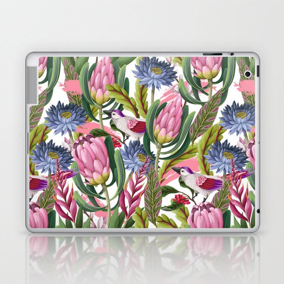 Seamless pattern with protea, tropical flowers and birds. Trendy floral vintage design Laptop & iPad Skin