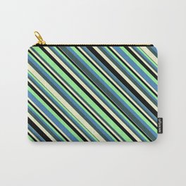 [ Thumbnail: Colorful Green, Blue, Dark Slate Gray, Light Yellow, and Black Colored Stripes/Lines Pattern Carry-All Pouch ]