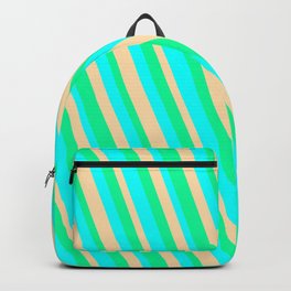 [ Thumbnail: Aqua, Tan, and Green Colored Striped/Lined Pattern Backpack ]