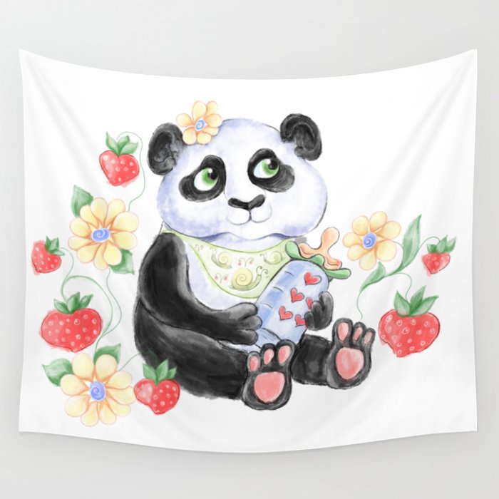 Baby Panda with strawberryes, Girl Baby shower  Wall Tapestry