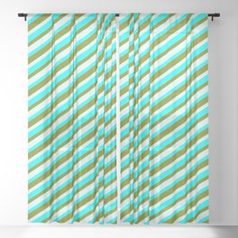 [ Thumbnail: Aqua, Green, and Light Cyan Colored Striped/Lined Pattern Sheer Curtain ]
