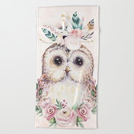 Forest Owl Floral Pink by Nature Magick Beach Towel