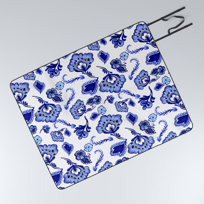 Dutch Blue Delftware Floral Inspired Pattern Picnic Blanket