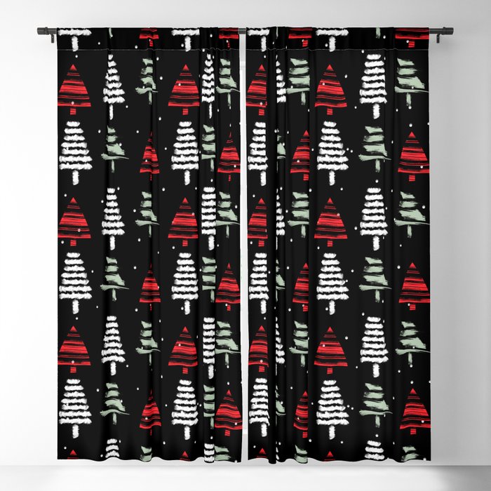Abstract Christmas Trees Watercolor Christmas Trees Black White Red Green Blackout Curtain