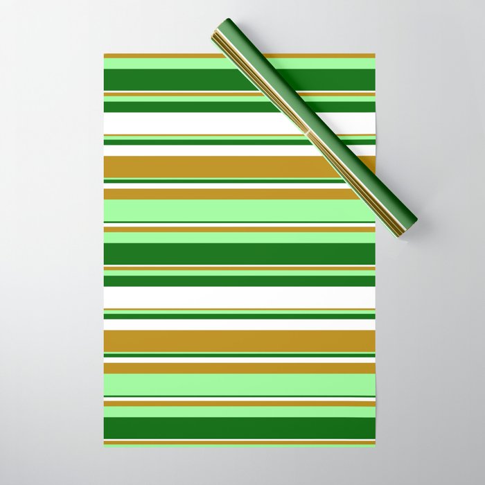 Dark Goldenrod, Green, Dark Green, and White Colored Stripes Pattern Wrapping Paper