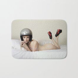 NAKED WITH HELMET IN BED Bath Mat | Helmet, Motorcyclechick, Photo, Nude, Nakedwome, Woman, Motorcycle, Bikers, Bikerchick 