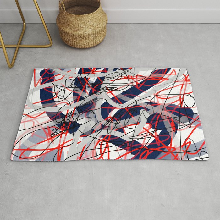 Red, Black, White & Gray Blue Squiggle Abstract Rug