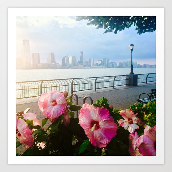 Battery Park New York City Skyline with Pink Hibiscus Flowers Art Print