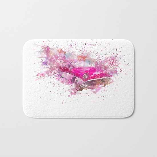 Pink Retro Car mixed media watercolor art Bath Mat