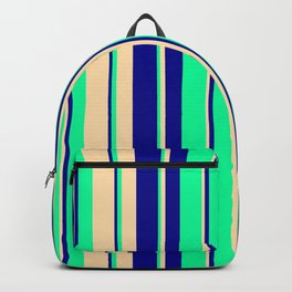 [ Thumbnail: Tan, Dark Blue & Green Colored Stripes/Lines Pattern Backpack ]