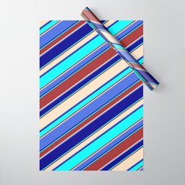 [ Thumbnail: Eye-catching Brown, Bisque, Royal Blue, Dark Blue & Cyan Colored Lined/Striped Pattern Wrapping Paper ]