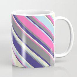 [ Thumbnail: Colorful Hot Pink, Gray, Dark Slate Blue, Light Yellow, and Light Blue Colored Stripes/Lines Pattern Coffee Mug ]