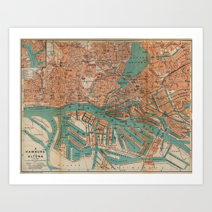 Vintage Map of Hamburg Germany (1910) 2 Art Print