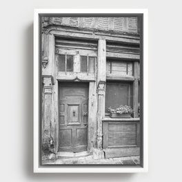 Black and white vintage wooden door art print - old french frontdoor - street and travel photography Framed Canvas