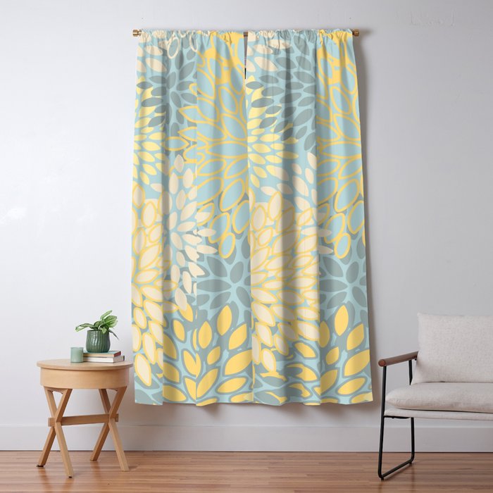 Ochre Mustard Teal Floral Eyelet Curtains Modern Spring Flower Ring Top Curtains