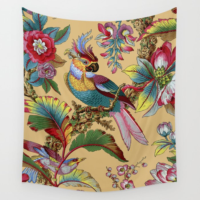 Tropical Birds on Beige, French Floral Chinoiserie Pattern from 1905 Wall Tapestry