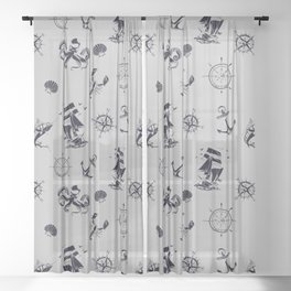 Light Grey And Blue Silhouettes Of Vintage Nautical Pattern Sheer Curtain