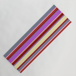 [ Thumbnail: Eyecatching Slate Gray, Orchid, Pale Goldenrod, Red, and Dark Red Colored Lines/Stripes Pattern Yoga Mat ]