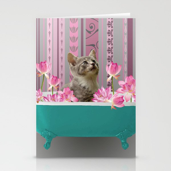 Turquoise Bathtub wit grey Kitty Cat and Lotus Flowers Stationery Cards