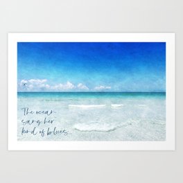Beach Quote in Teal Aqua Turquoise Blue with Tropical Ocean Waves Art Print