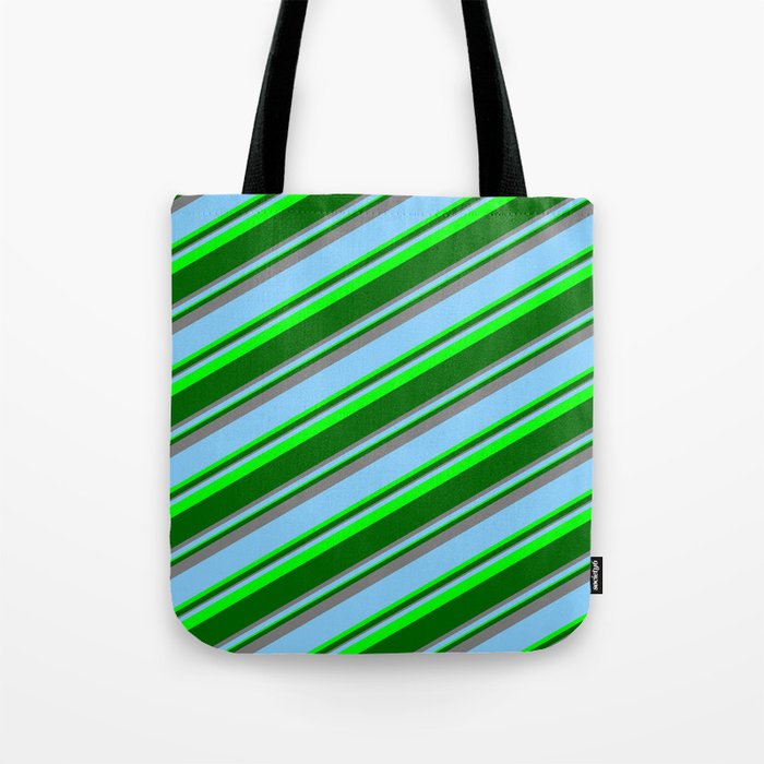 Light Sky Blue, Lime, Dark Green & Grey Colored Striped Pattern Tote Bag