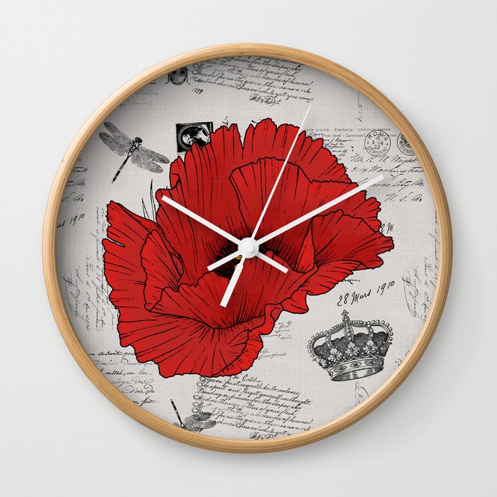 Red Poppy French Typography Wall Clock