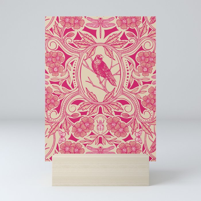 Hot Pink/Red & Cream Crow & Dragonfly Floral Mini Art Print